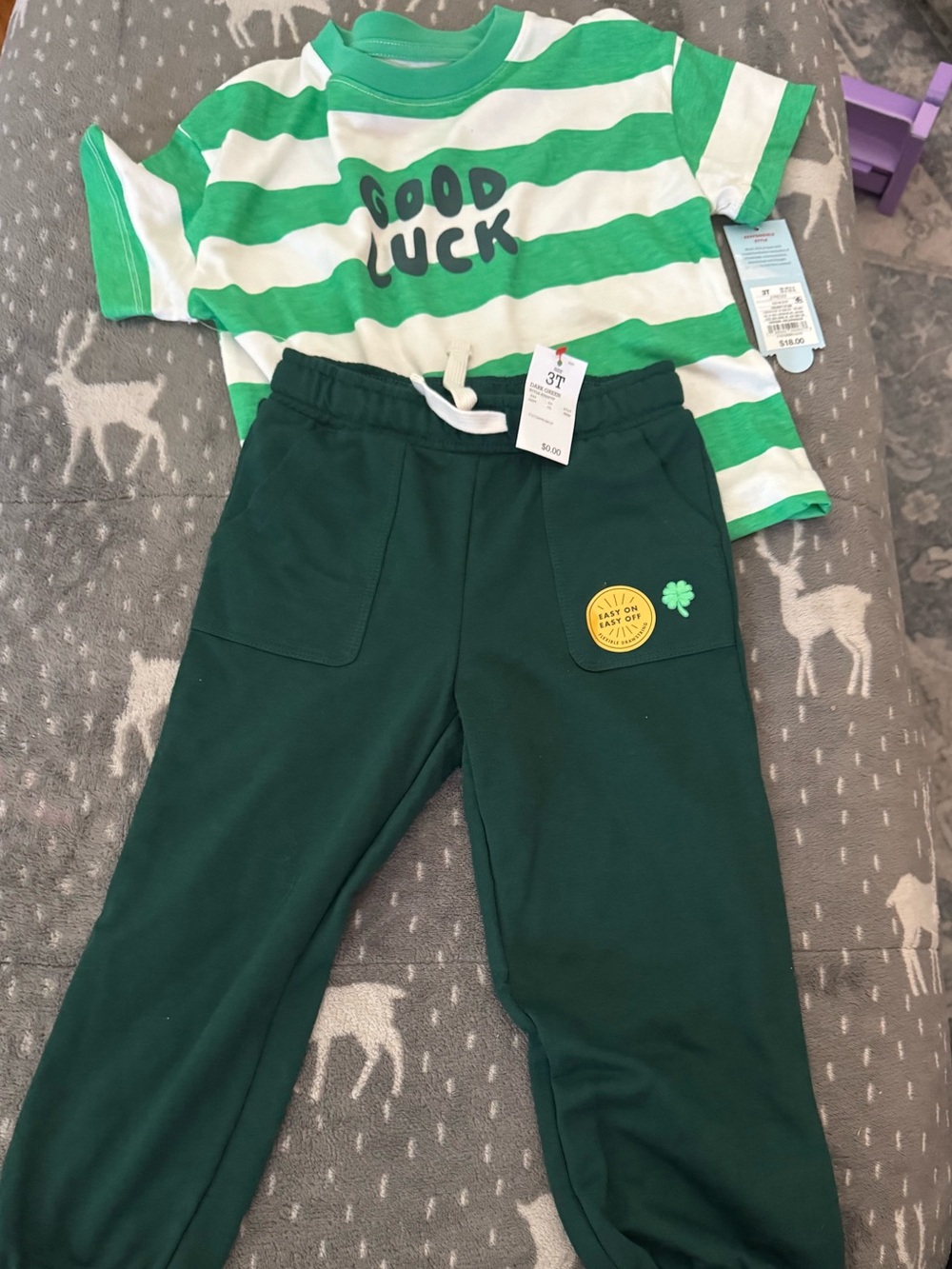 Cat & Jack Green Striped 'Good Luck' Tee with Dark Green Joggers
